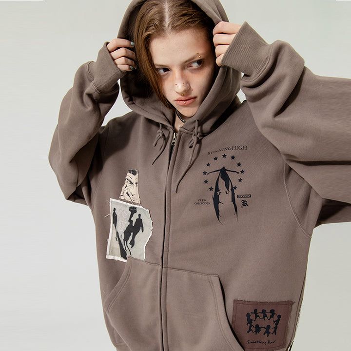 FRINGE PATCH ZIP UP HOODIE