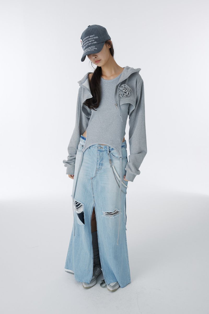 DAMAGED LONG DENIM SKIRT (BLUE)