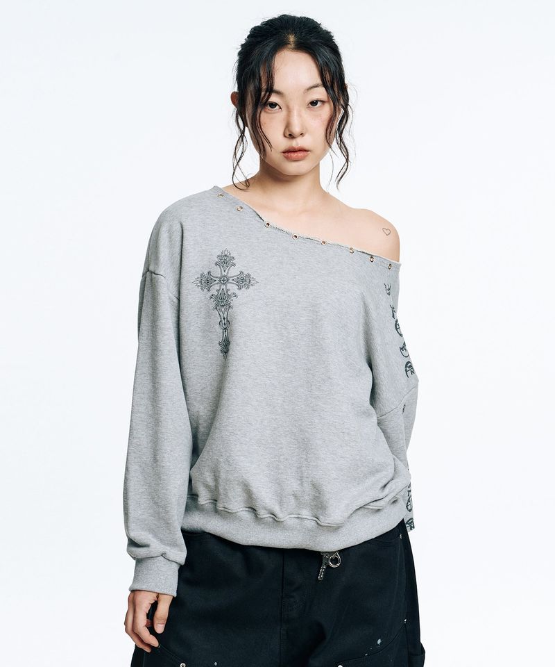 Gothic One-Shoulder Sweatshirt - Grey