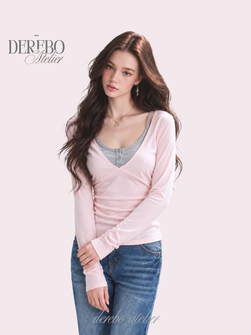dereborujo（ドレボルゾー）の「Stella Pink Gray Layered Long Sleeve T-shirt（Tops）」
