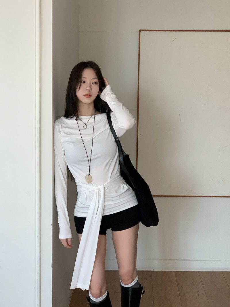 Loving Front Wrap Tie Boat Neck Long Sleeve Tee 