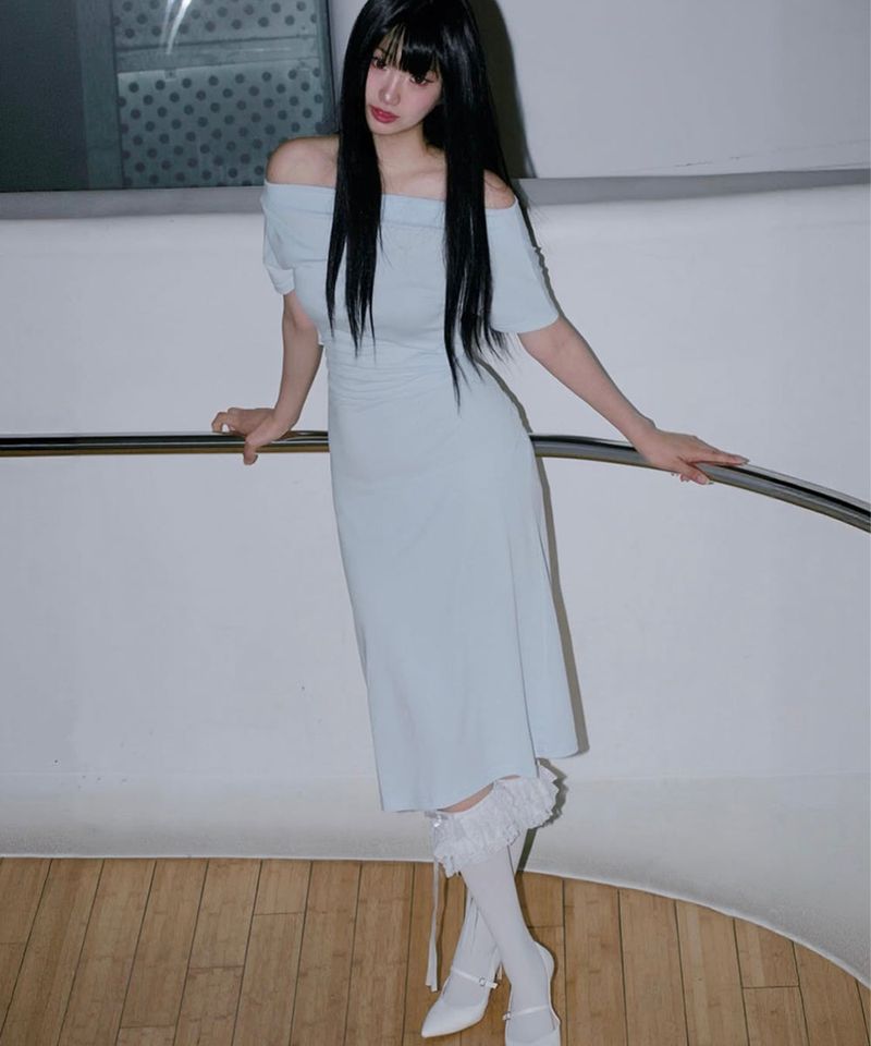 Off-Shoulder Slit Long Onepiece Sky Blue