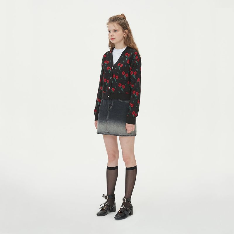 FLOWER JAQUARD KNIT CARDIGAN_BLACK