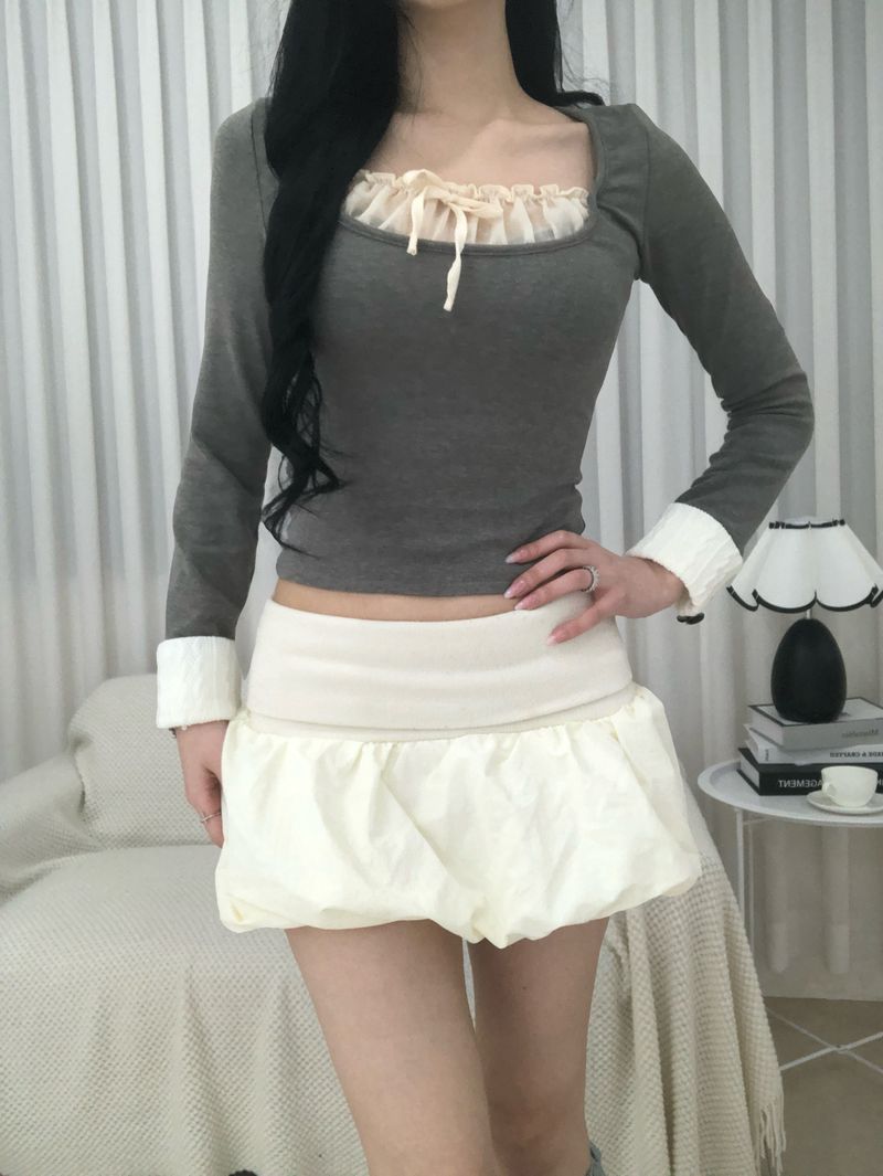 Gray Frill Mix Knit Top