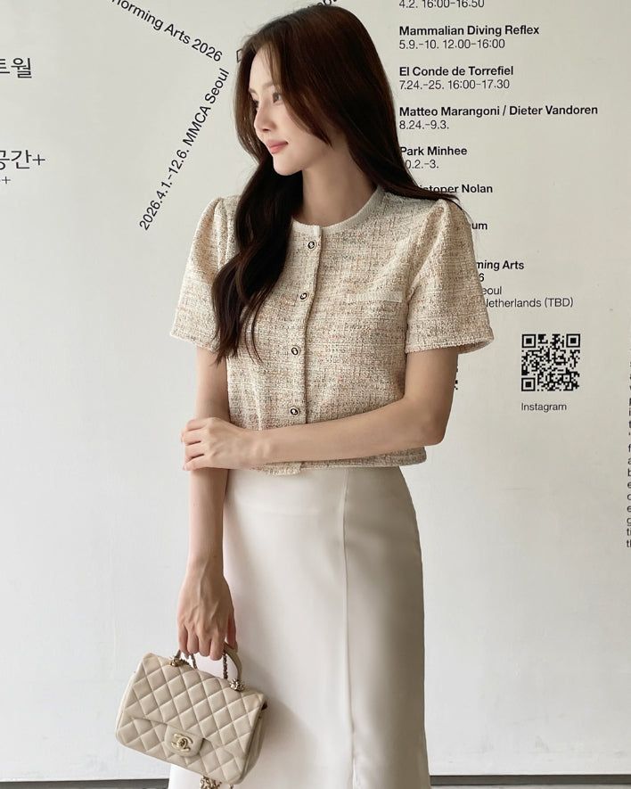 Vezn Color Matching Tweed Short Sleeve Jacket
