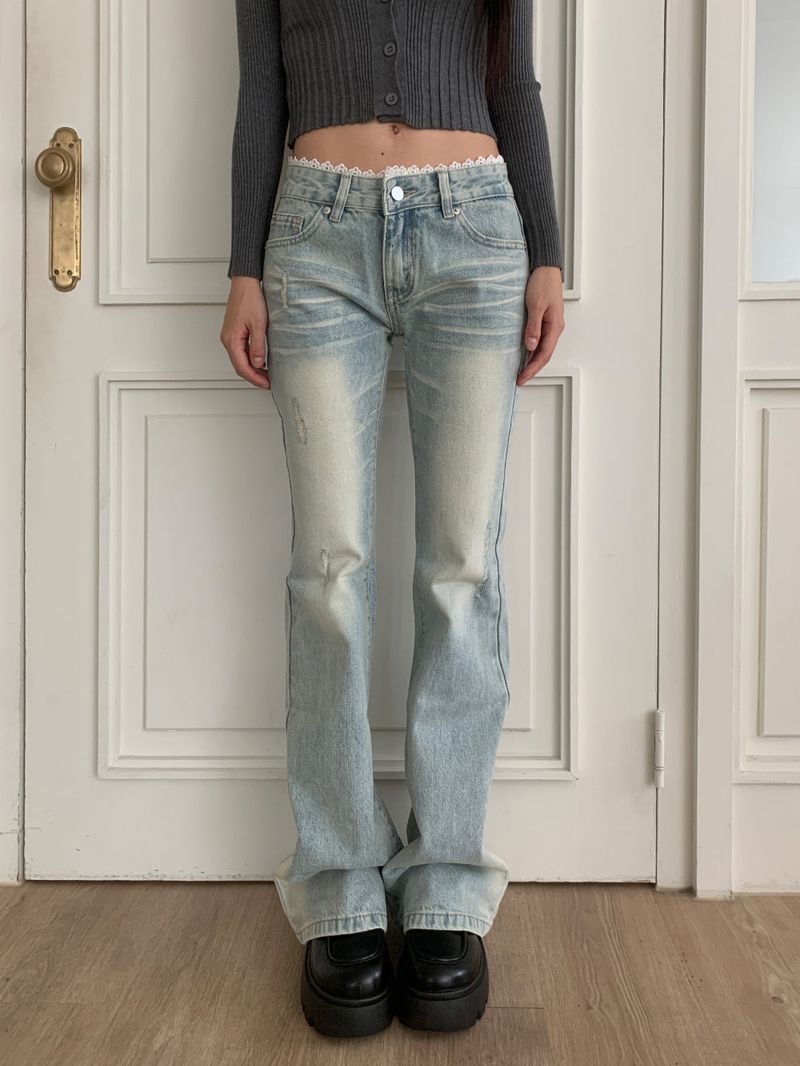 Touch Lace Trim Light Blue Bootcut Denim Pants