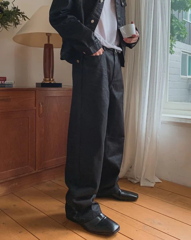 Canto Coated Black Denim Wide Pants
