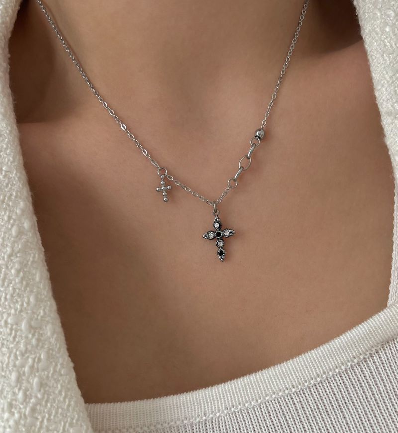bif black twin cross turquoise stainless steel double ball short long layered gemstone necklace