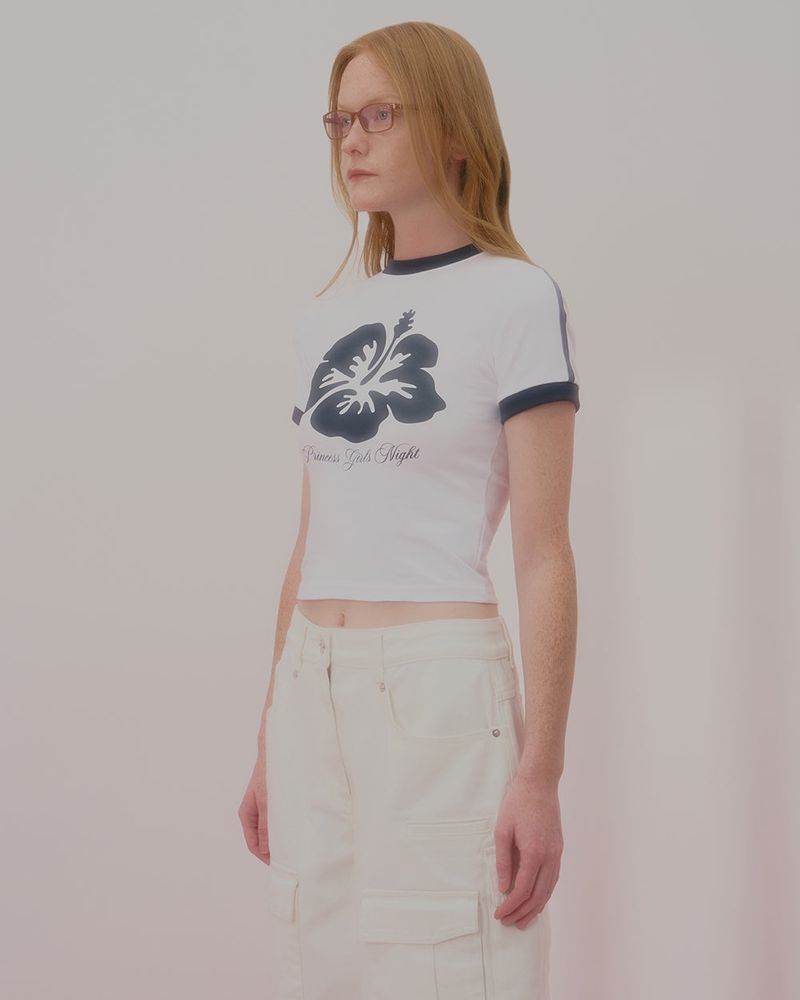 ALOHA FLOWER RINGER CROP TSHIRT-WHITE