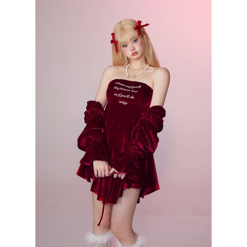 [Girly Fancy Club] レトロレッドベルベットツーピースプリンセスドレス