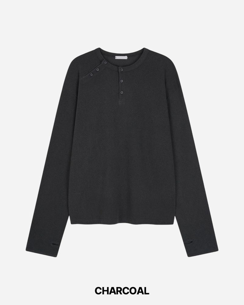 Double Washed Henley Neck Long Sleeve