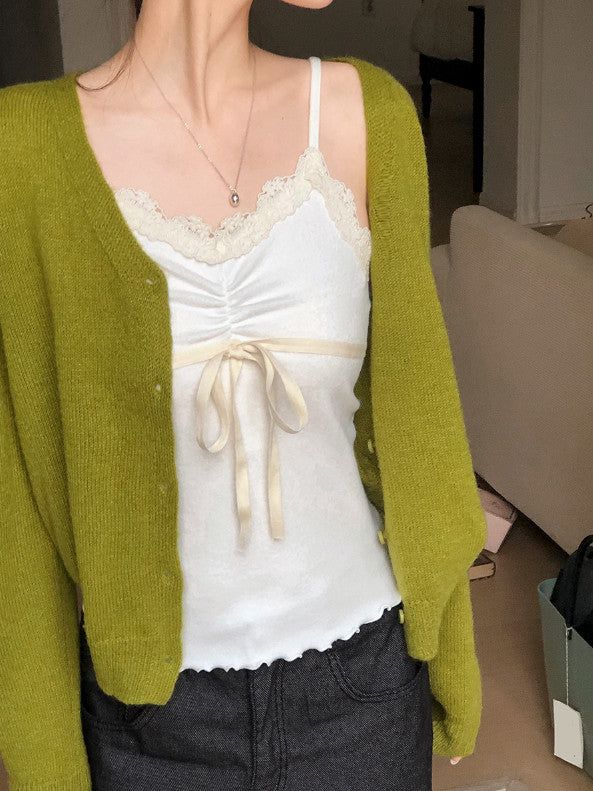 Lace Ribbon Shirring Layered Sleeveless (3color)