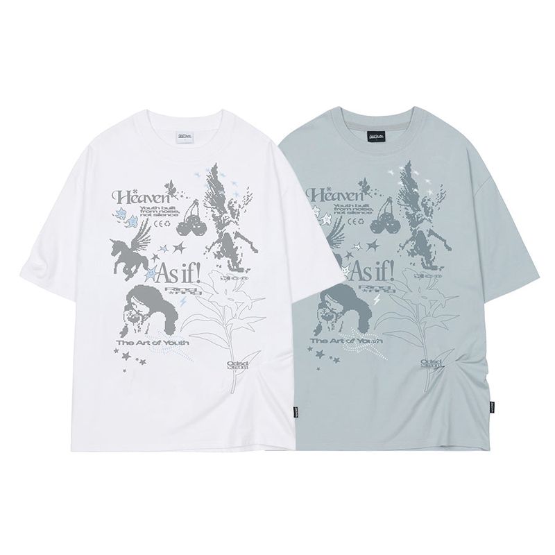 キッチュスタンプピンタックオーバーフィットTシャツ - ホワイト
