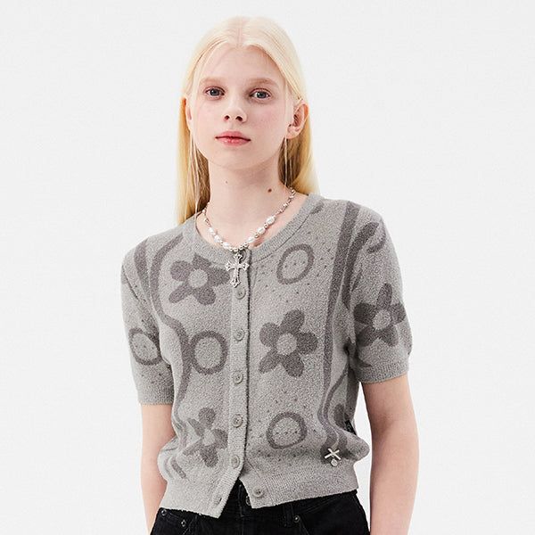 CHERRY JACQUARD PATTERN SHORT SLEEVE CARDIGAN [MELANGE GRAY]