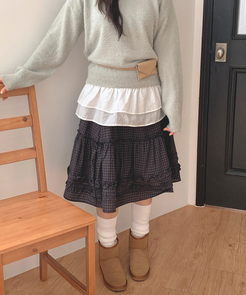 Luen midi checkered skirt Fall layered frill soft fit