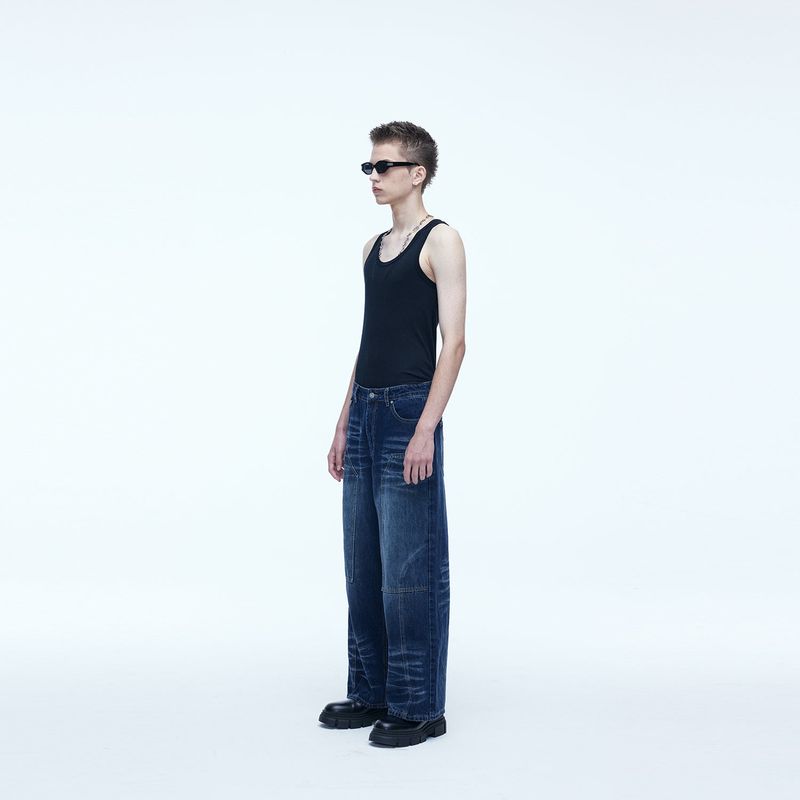 Double Knee Carpenter Wide Denim Pants Blue
