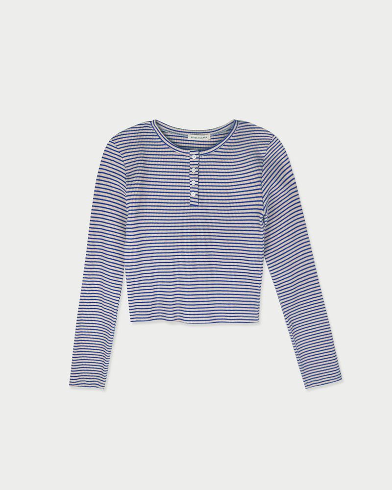 ストライプボタンTシャツ_ブルー