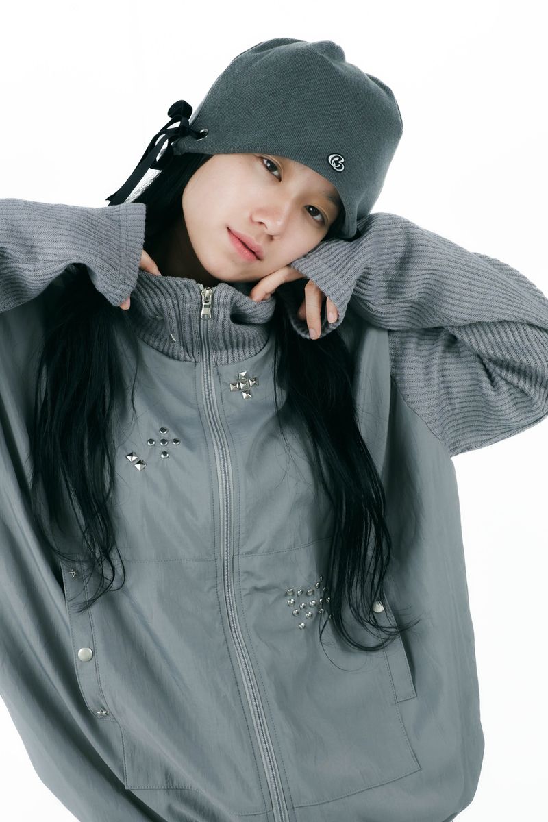 studs nylon knitzip hoodie(gray)