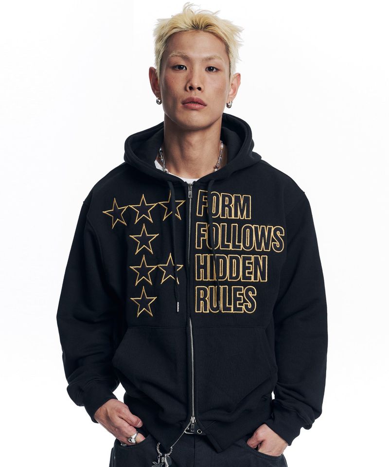 Star Lettering Patch Hoodie Zip-Up - Black