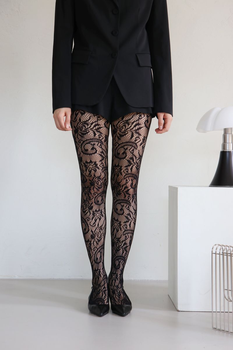 flower lace mesh tights (black)