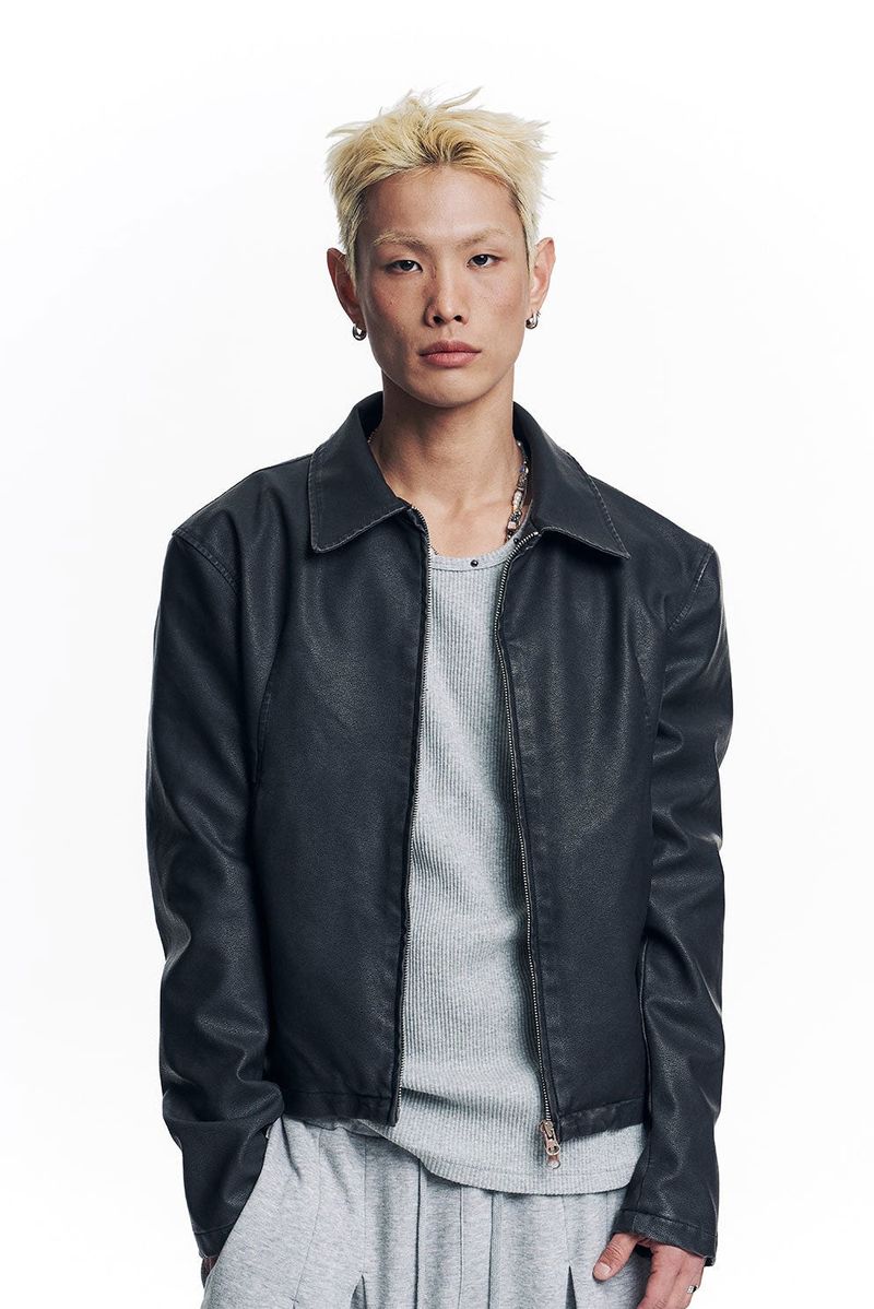 Washed Leather Crop Jacket - Black