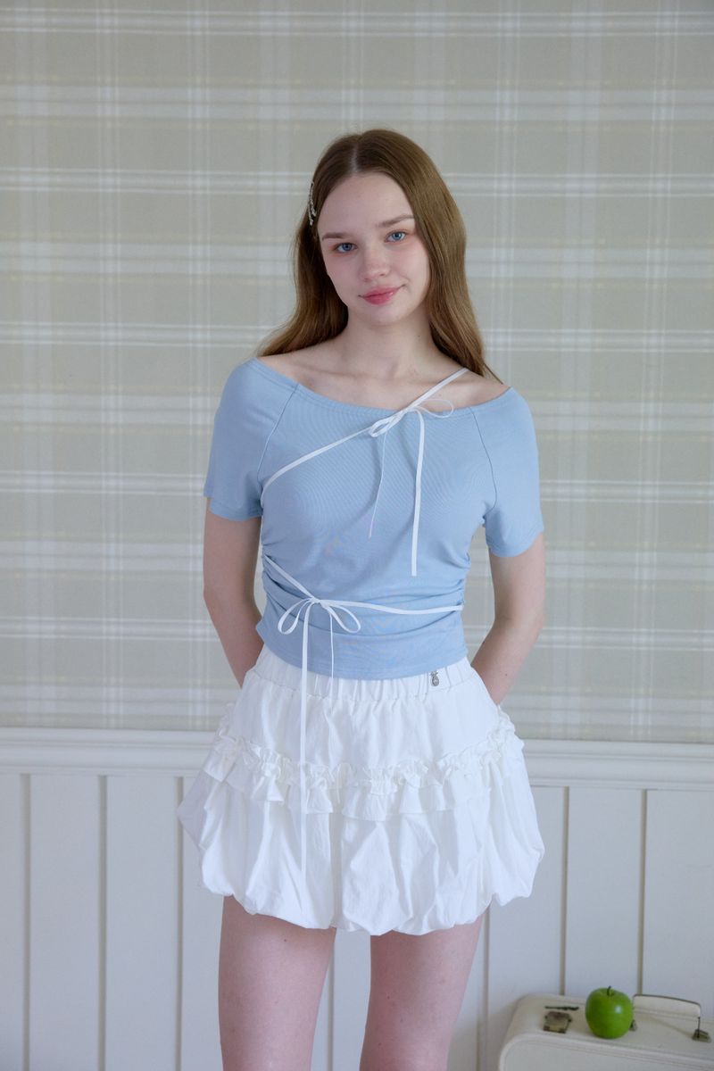 PINK PINEAPPLE（ピンクパイナップル）の「BALLET RIBBON OFF-SHOULDER T-SHIRT（Tops）」