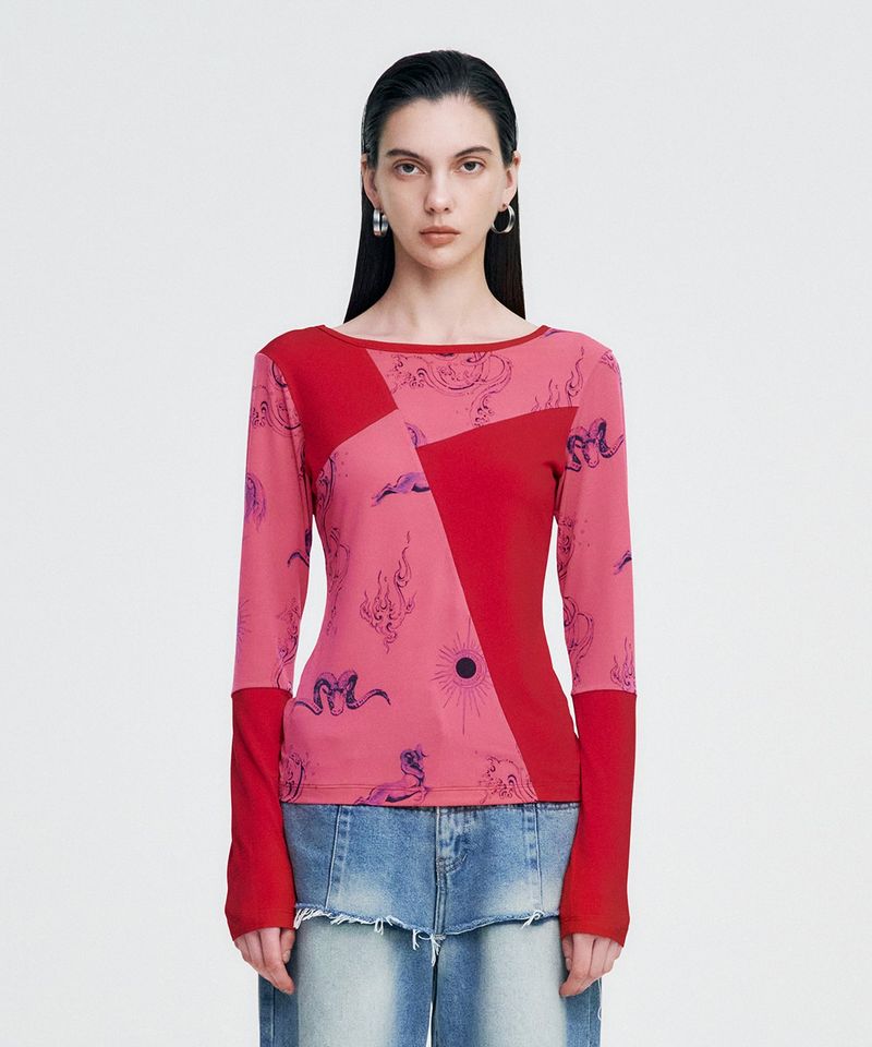 KIMZISU（キムジス）の「Elemental Motif Patchwork T-shirt _ RED（Tops）」