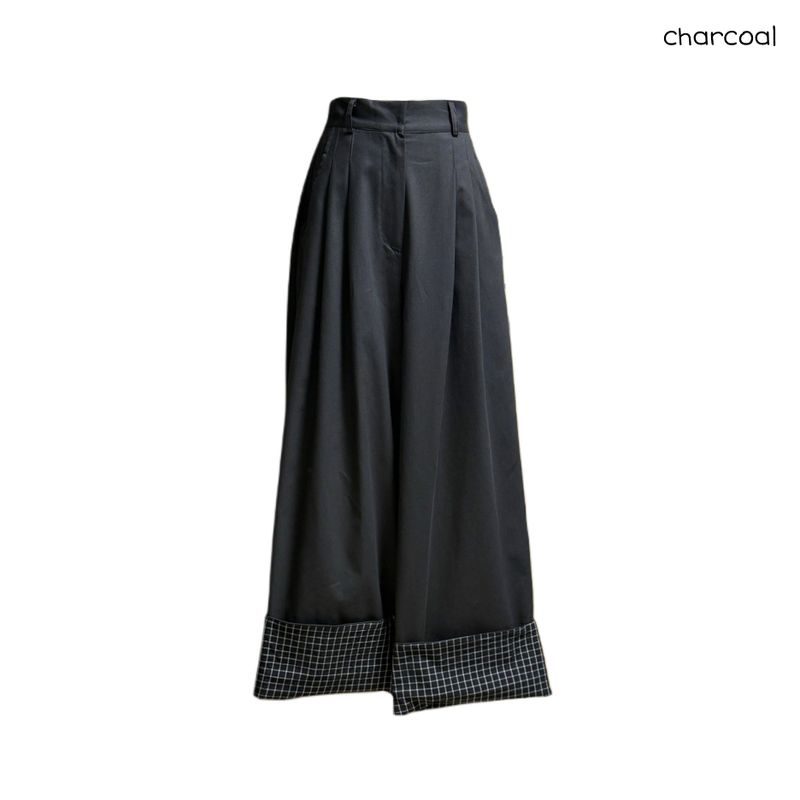 (3color) Check Roll-Up Wide Pintuck Pants