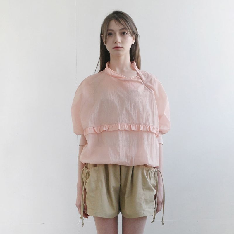 Pink Nylon Ruffle Blouse