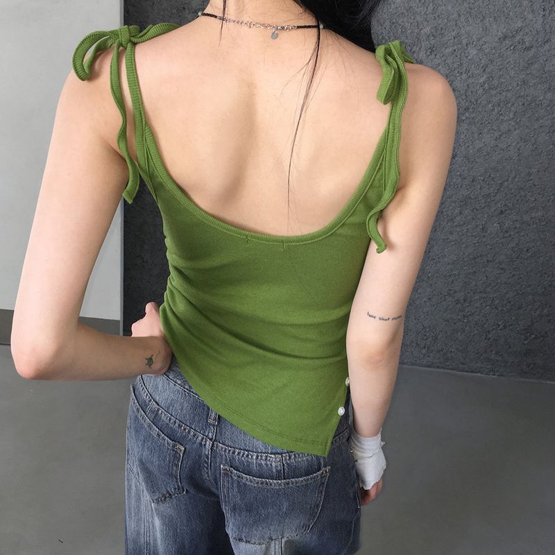 Moder Unbalanced Side Button Slit Shirring Sleeveless