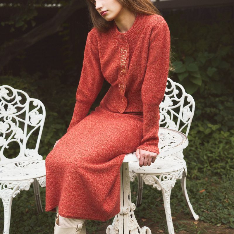 ALPACA KNIT LONG SKIRT - RED BEIGE