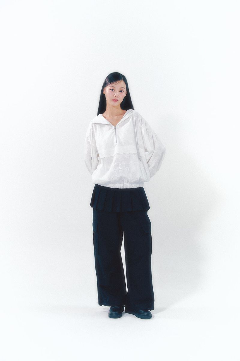 Pleats Skirt Cargo Pants Set Black