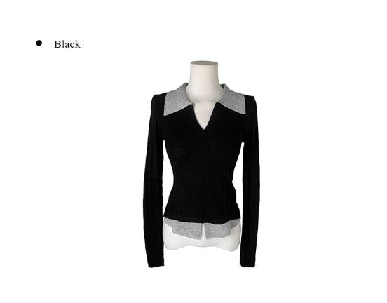 Elti Collar Color Matching Slim Ribbed Knit
