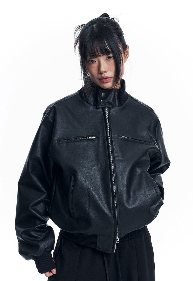 High Neck Leather Crop Jacket - Black