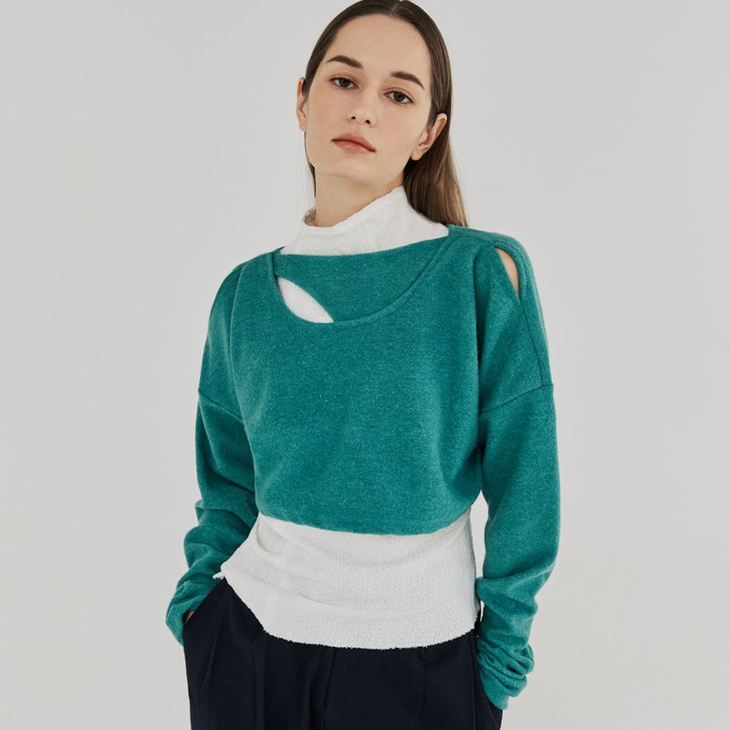 CUT OUT 2-WAY WOOL CROP TOP (BLUEGREEN)