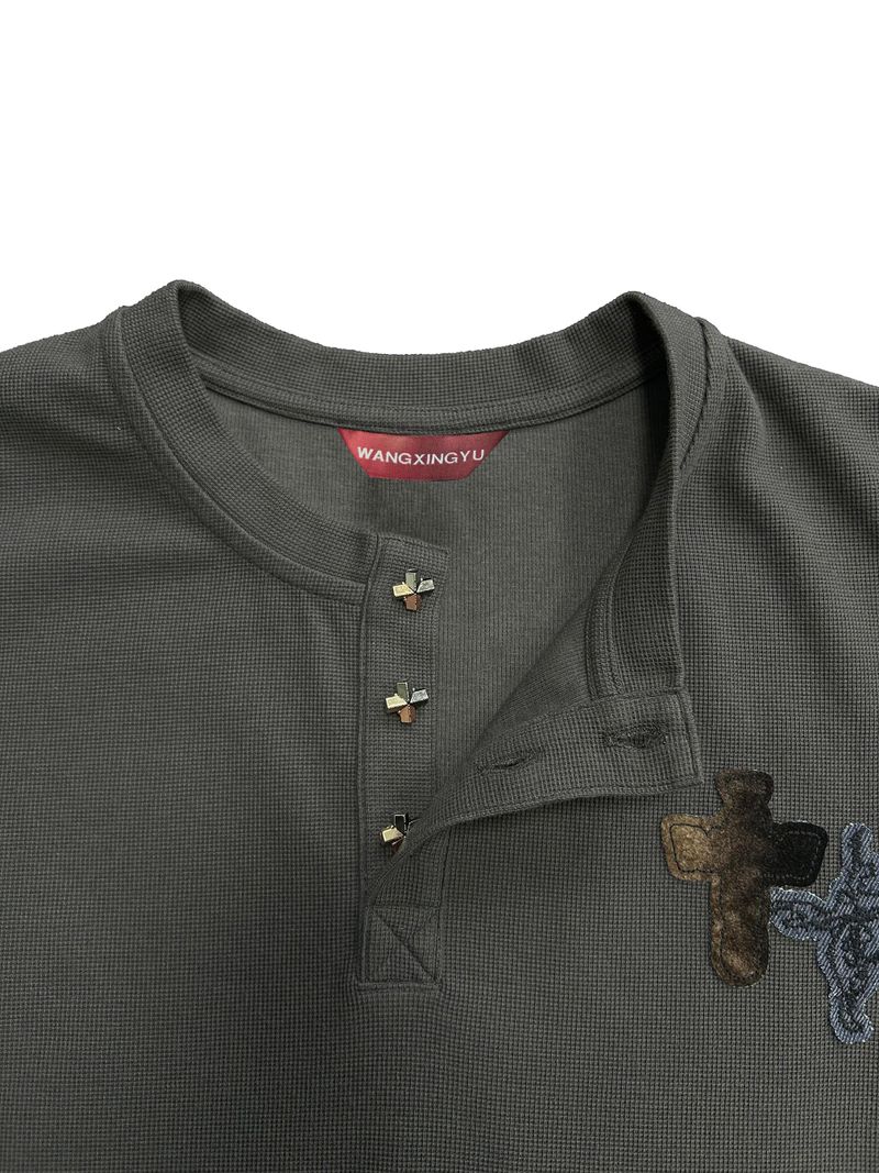FLOCKED DENIM PATCH EMBROIDERY WAFFLE KNIT HENLEY COLLAR BASE LAYER CARDIGAN
