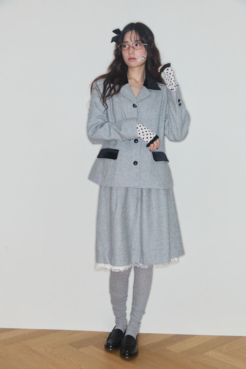 BOW MIDI WOOL SKIRT (GREY)