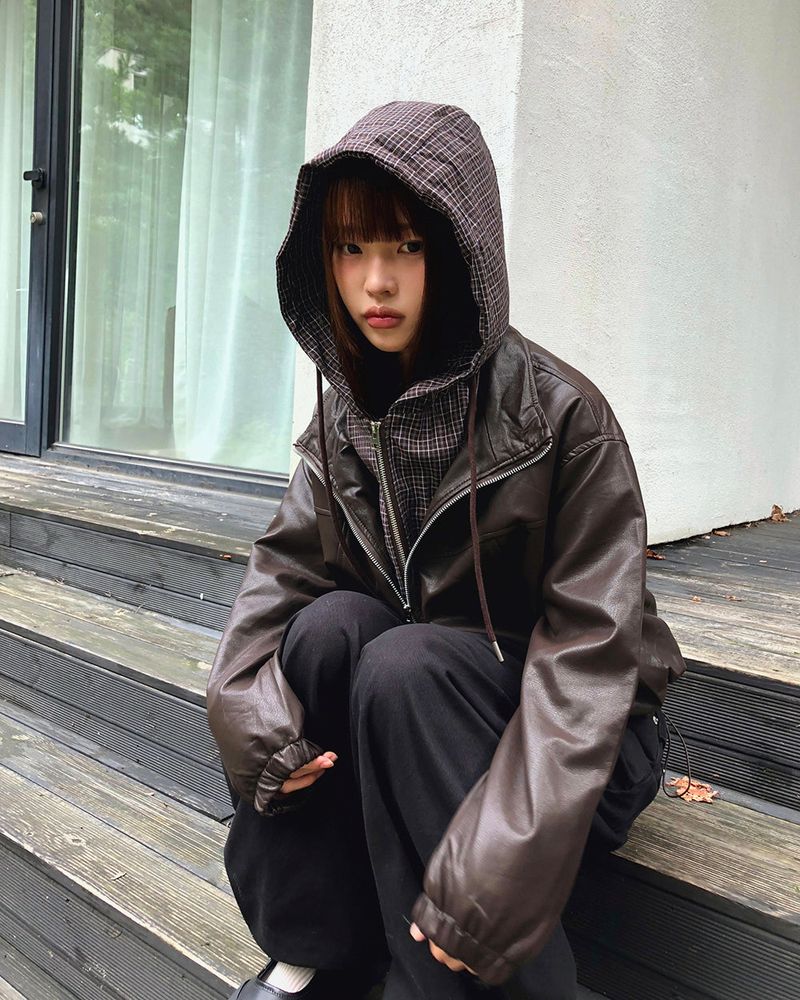 WONDER WONDER(ワンダーワンダー)の「Janu Check String Pocket Leather Layered Hooded Jumper(Jackets/Outerwear)」