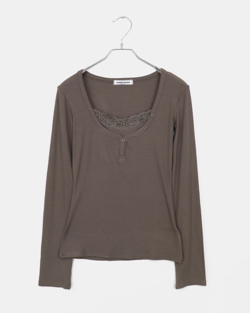 [MADE] Neube Lace Point Button Ribbed Long Sleeve Top 