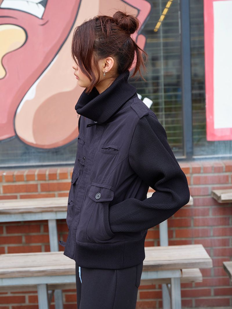RIBBED HIGH NECK JACKET BLACK