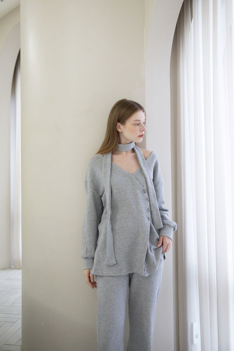 Offshoulder Wrap Strap Cardigan Gray