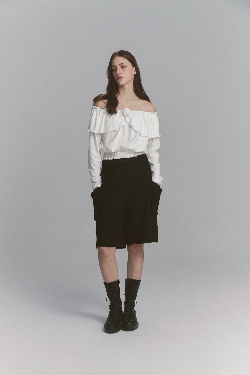 Ribbon Tweed Bermuda Pants Black