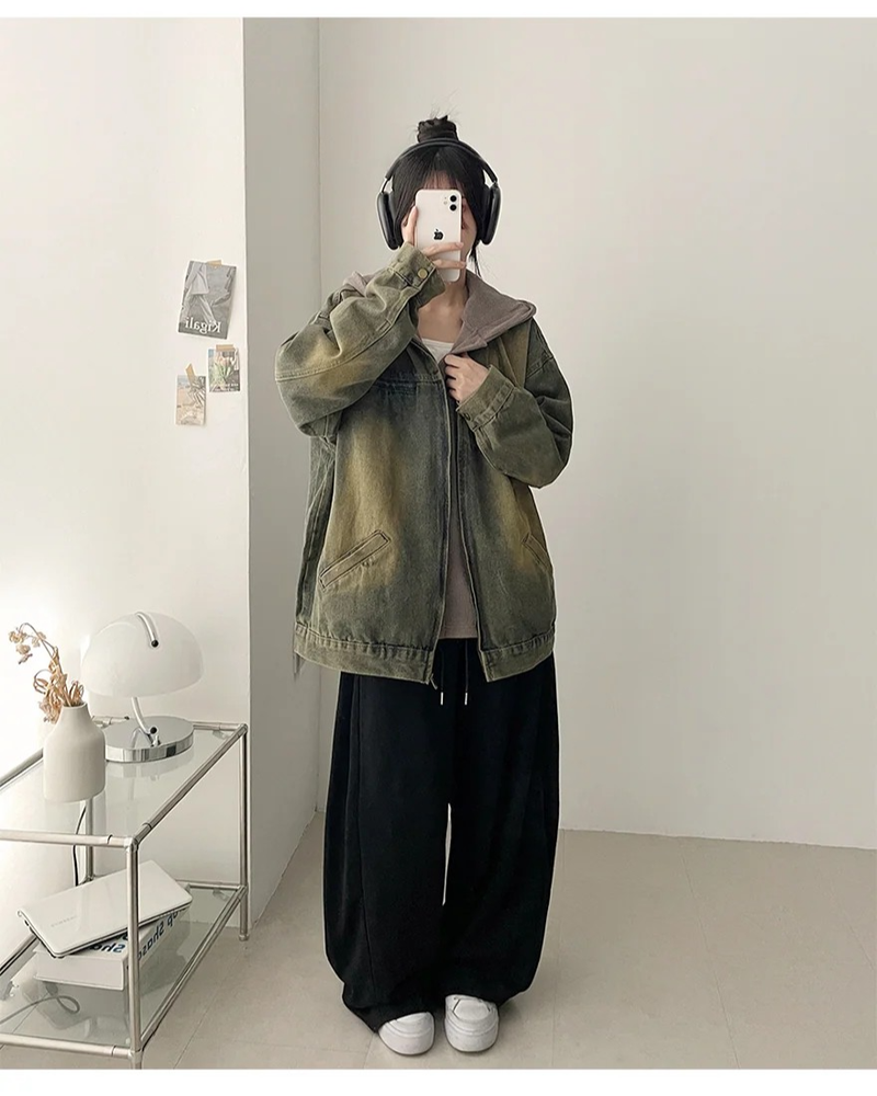 Boxy Fit* Vintage🤎Washed High Neck Denim Zip-Up Jacket
