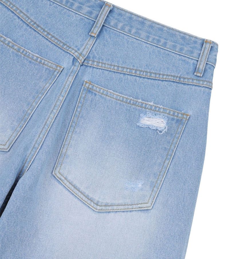 Distressed Curved Denim Pants - Light Blue