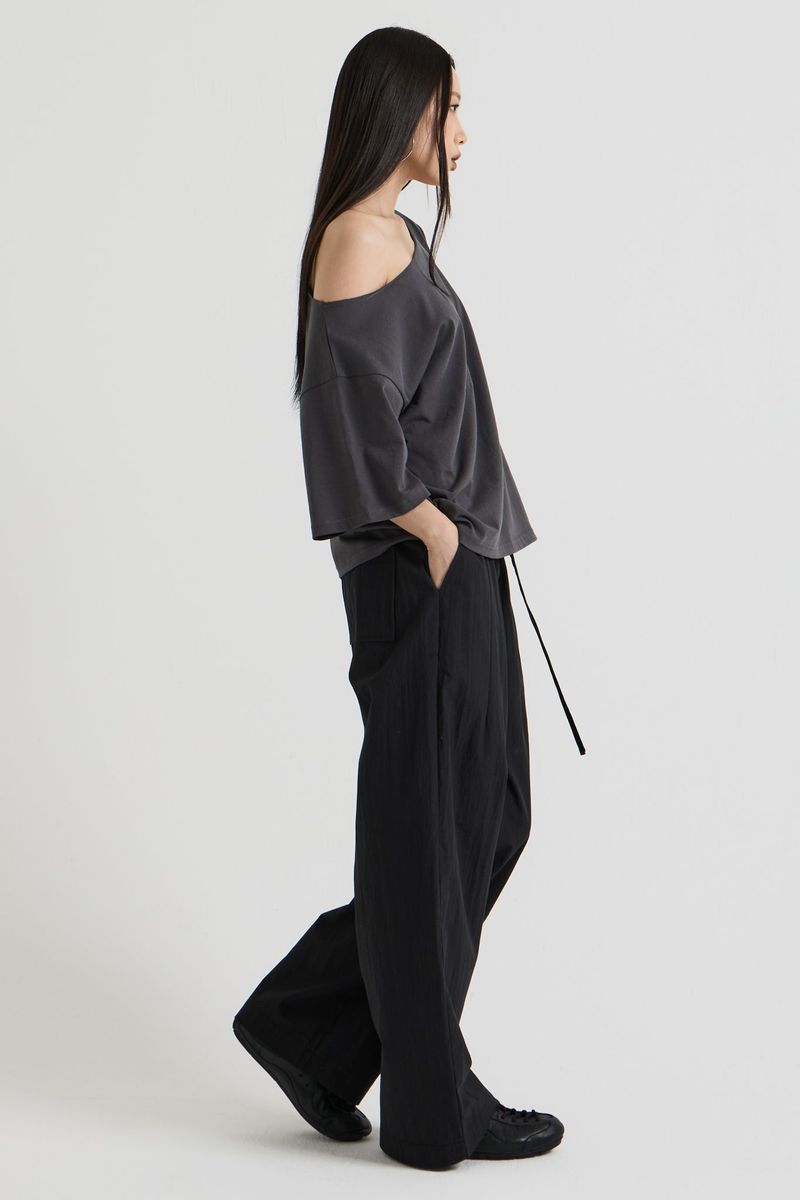 Cotton wide banding pants, Black