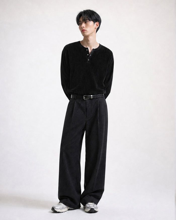 (M's) Velour Henley Neck Long Sleeve
