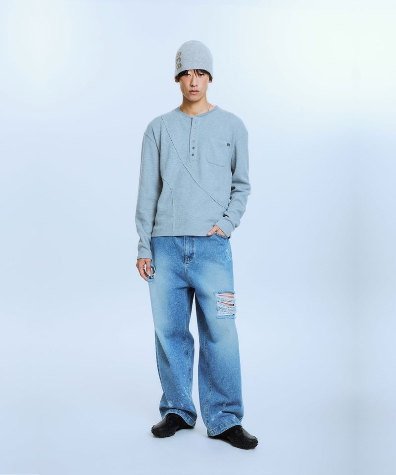 CUTOUT PANEL HENLEY T-SHIRTS (LIGHT GRAY)