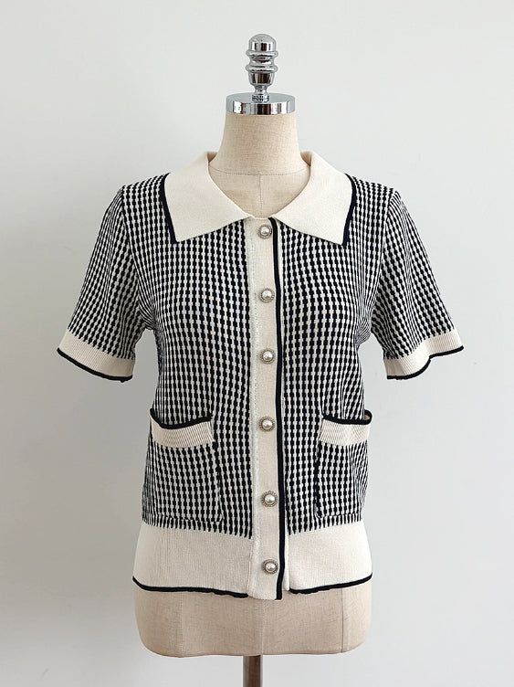 Carson Collar Color Matching Check Knit Cardigan