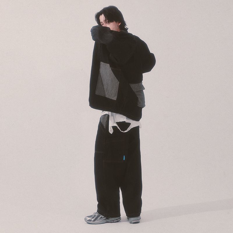 stripe patch denim pants_black