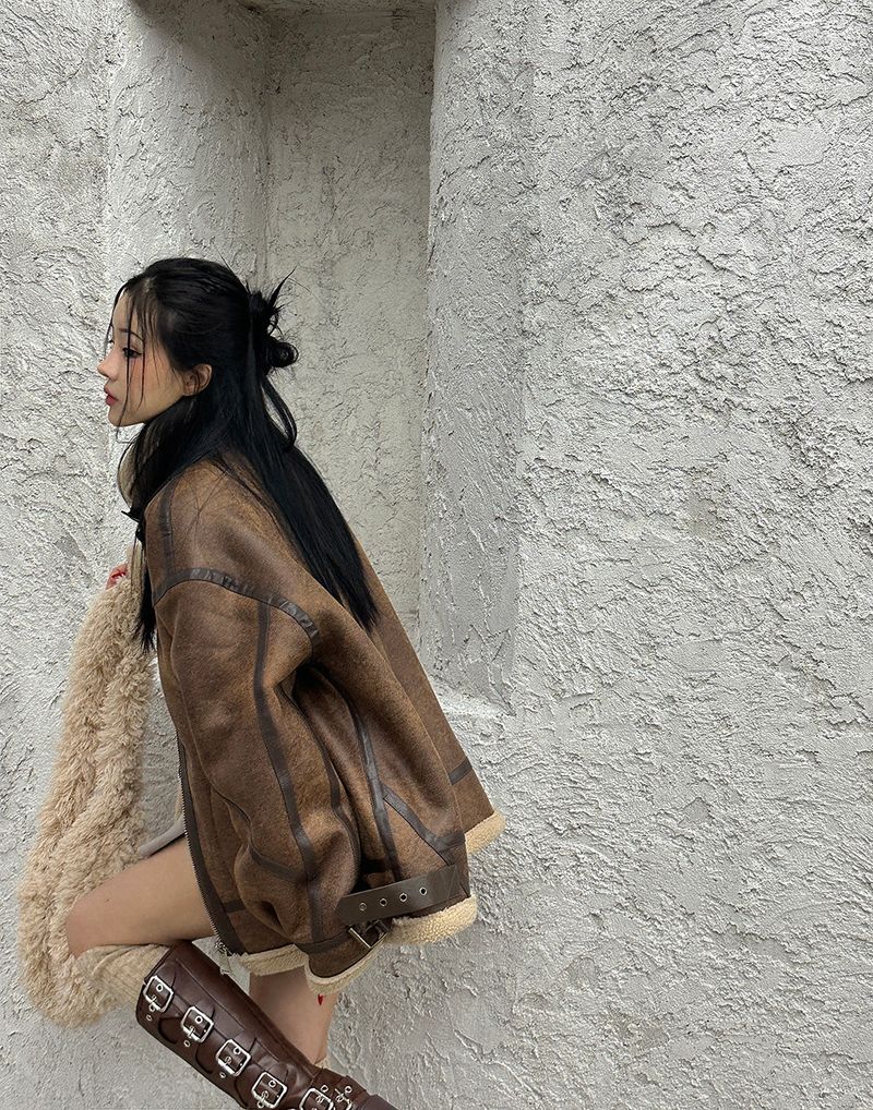 Oversized Fit Leather Wool High-Neck Mustang